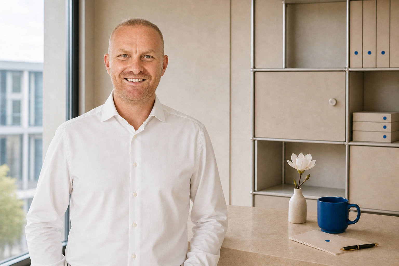 Oliver Cramer in einer hellen Kanzleiumgebung mit Fenster, modularem Regal, weißer Blume, blauer Tasse, Dokumentenmappe und Stift