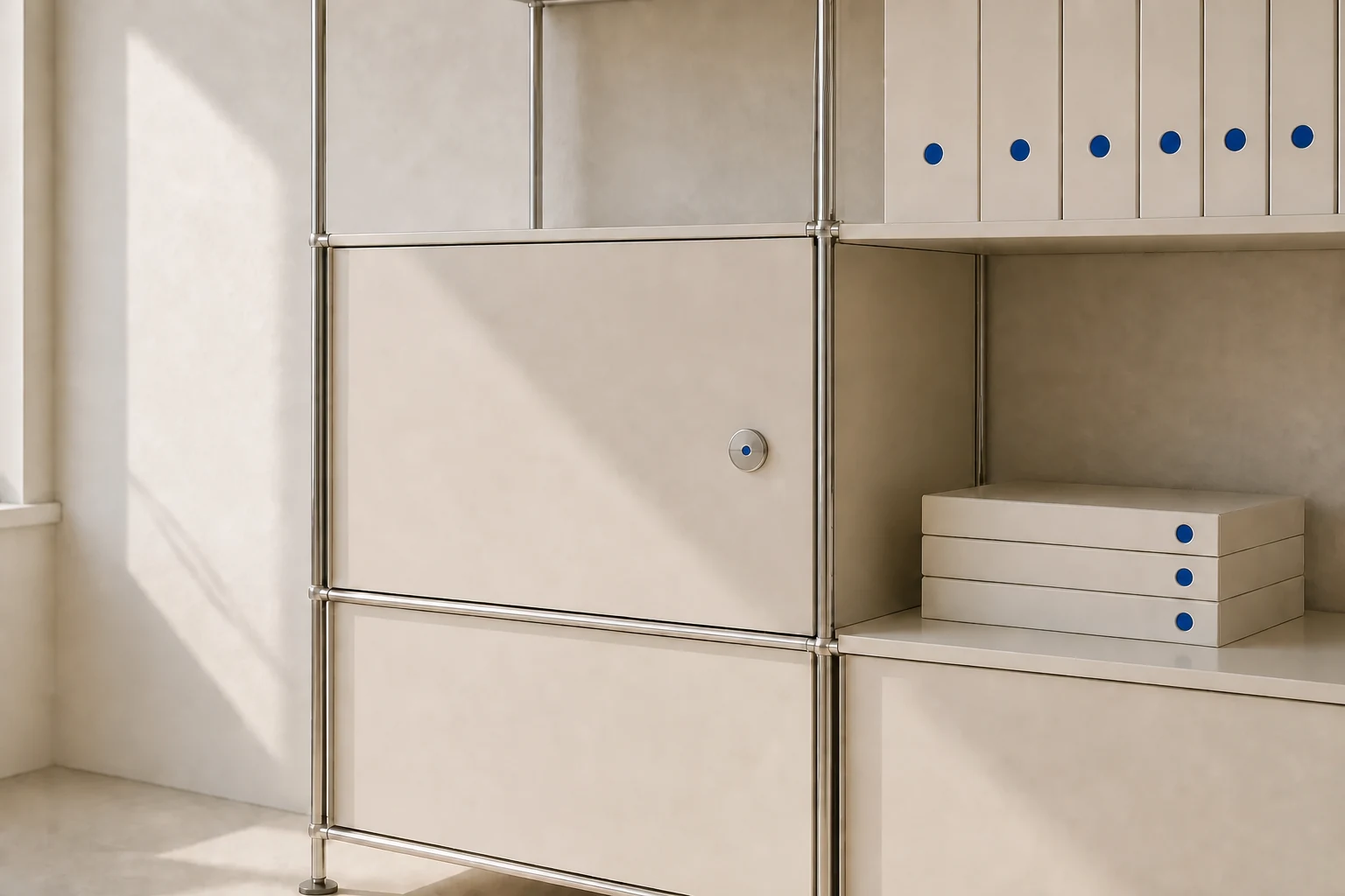 Geordnetes cremeweißes modulares Büroregal mit feiner Metallstruktur, blauen Ordnerpunkten und kleinem Metalldrehknopf mit blauem Mittelpunkt